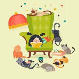 本を読む女の子と猫